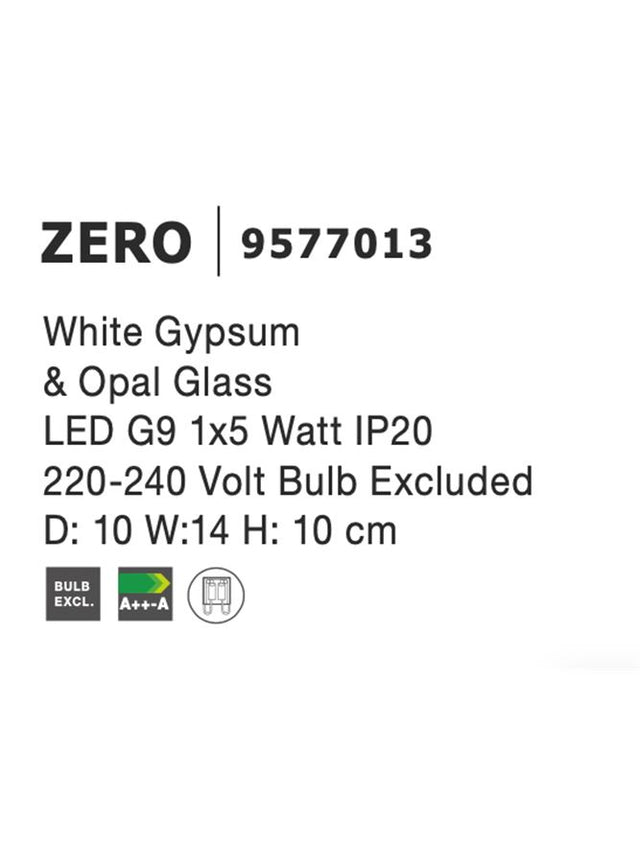 ZERO White Gypsum & Opal Glass LED G9 1x5 Watt IP20 220-240 Volt Bulb Excluded D: 10 W:14 H: 10 cm