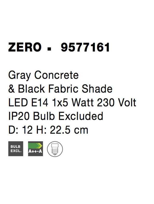 ZERO Gray Concrete & Black Fabric Shade LED E14 1x5 Watt 230 Volt IP20 Bulb Excluded D: 12 H: 22.5 cm