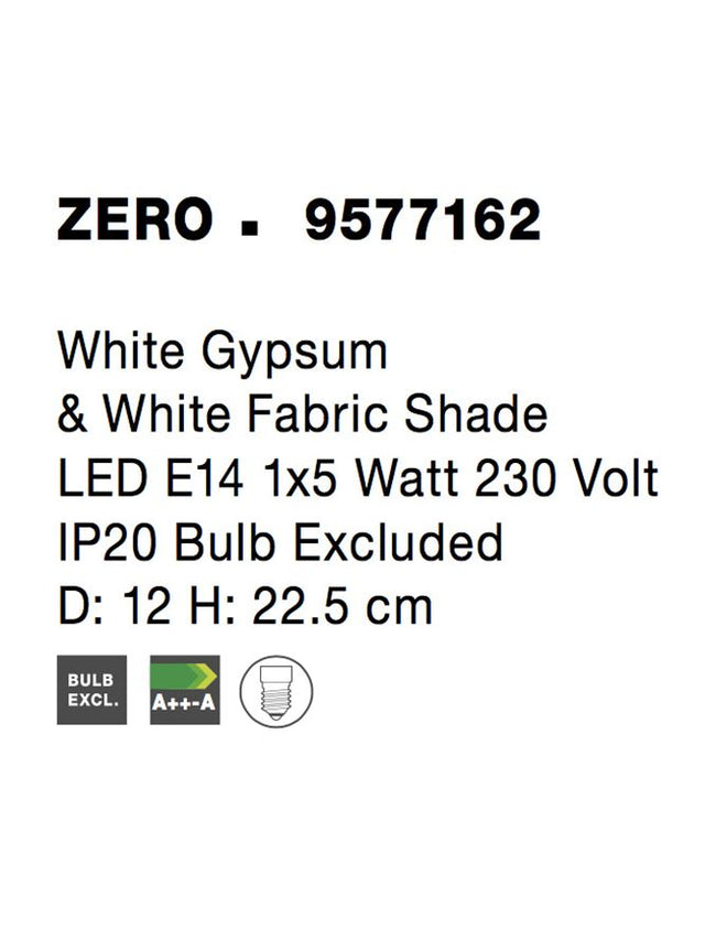 ZERO White Gypsum & White Fabric Shade LED E14 1x5 Watt 230 Volt IP20 Bulb Excluded D: 12 H: 22.5 cm