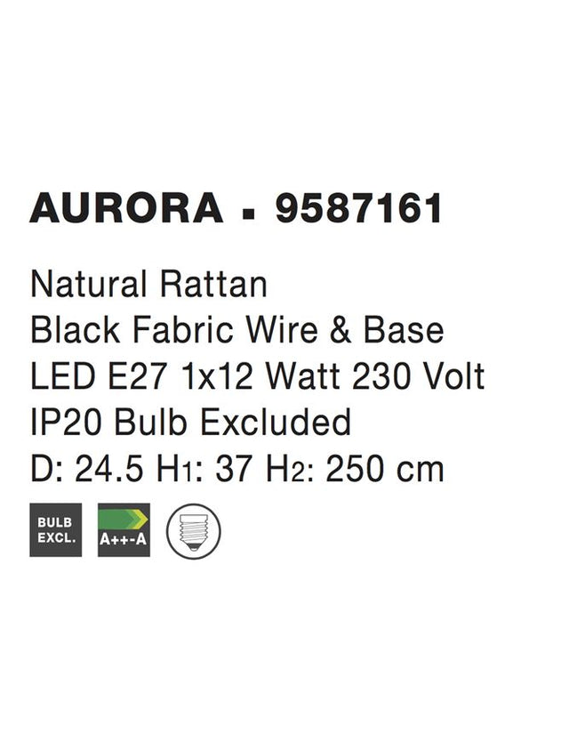 AURORA Natural Ratan Black Fabric Wire & Base LED E27 1x12W IP20 Bulb Excluded D: 24.5 H1: 37 H2: 250 cm