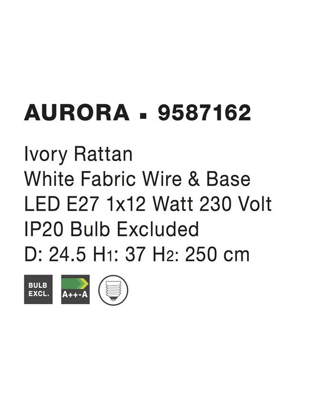 AURORA White Ratan White Fabric Wire & Base LED E27 1x12W IP20 Bulb Excluded D: 24.5 H1: 37 H2: 250 cm