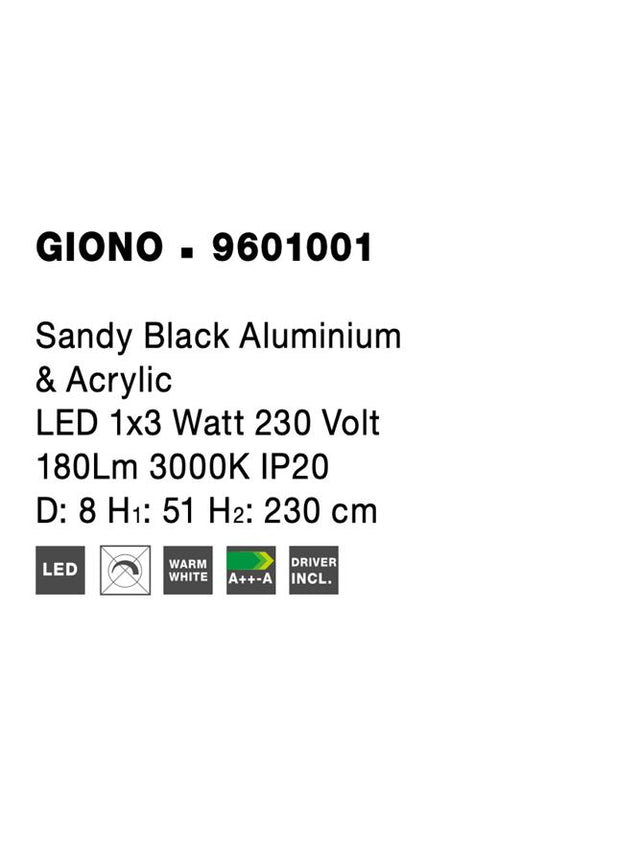 GIONO Sandy Black Aluminium & Acrylic LED 1x3 Watt 230 Volt 180Lm 3000K IP20 D: 8 H1: 51 H2: 230 cm