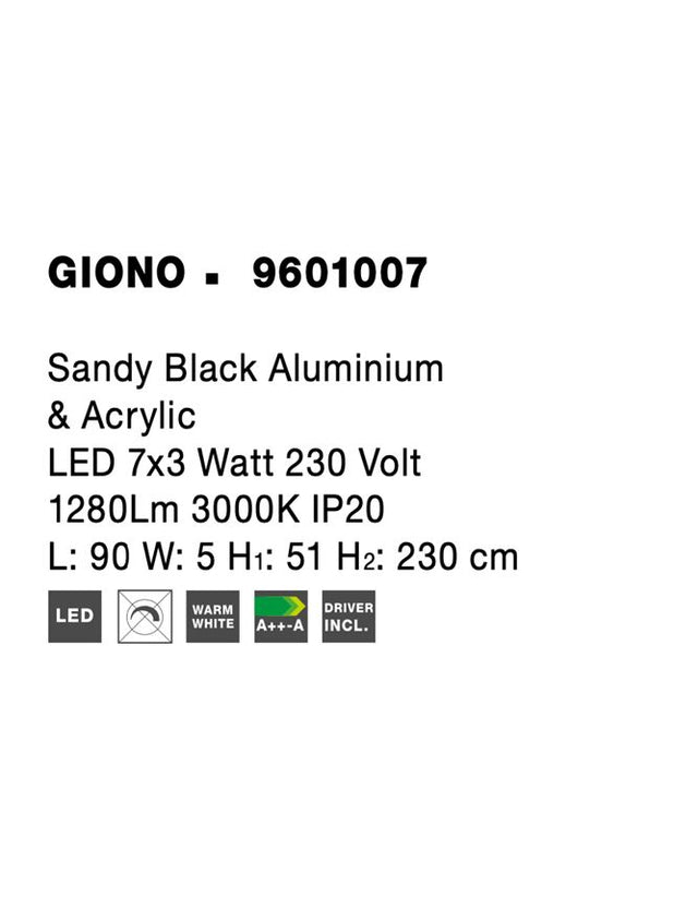 GIONO Sandy Black Aluminium & Acrylic LED 7x3 Watt 230 Volt 1280Lm 3000K IP20 L: 90 W: 5 H1: 51 H2: 230 cm