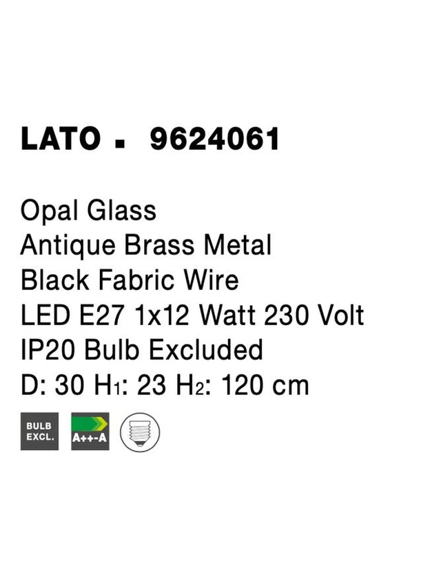 LATO Opal Glass Antique Brass Metal Black Fabric Wire LED E27 1x12 Watt 230 Volt IP20 Bulb Excluded D: 30 H1: 23 H2: 120 cm