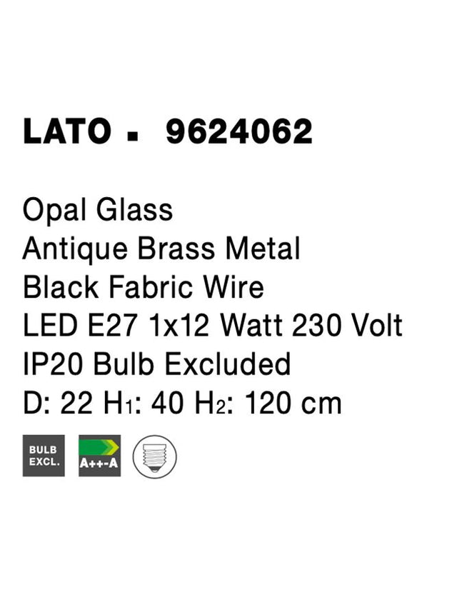 LATO Opal Glass Antique Brass Metal Black Fabric Wire LED E27 1x12 Watt 230 Volt IP20 Bulb Excluded D: 22 H1: 40 H2: 120 cm