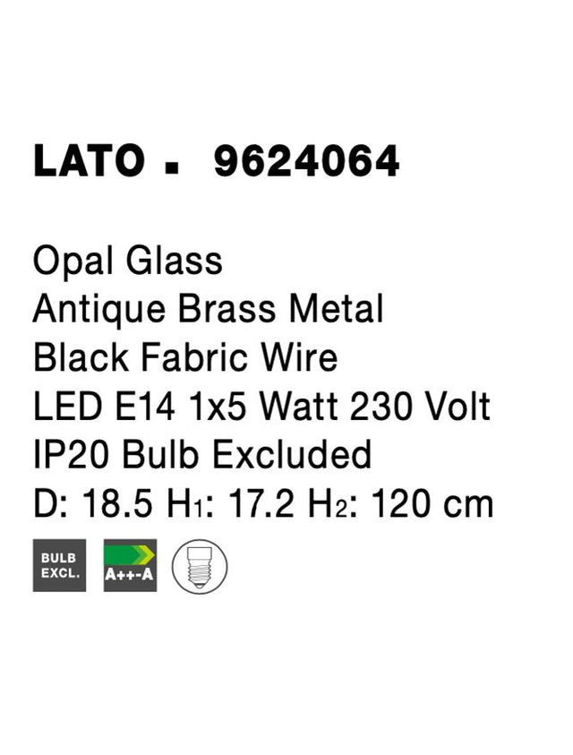 LATO Opal Glass Antique Brass Metal Black Fabric Wire LED E14 1x5 Watt 230 Volt IP20 Bulb Excluded D: 18.5 H1: 17.2 H2: 120 cm