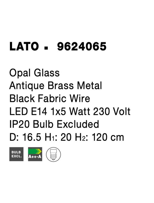 LATO Opal Glass Antique Brass Metal Black Fabric Wire LED E14 1x5 Watt 230 Volt IP20 Bulb Excluded D: 16.5 H1: 20 H2: 120 cm