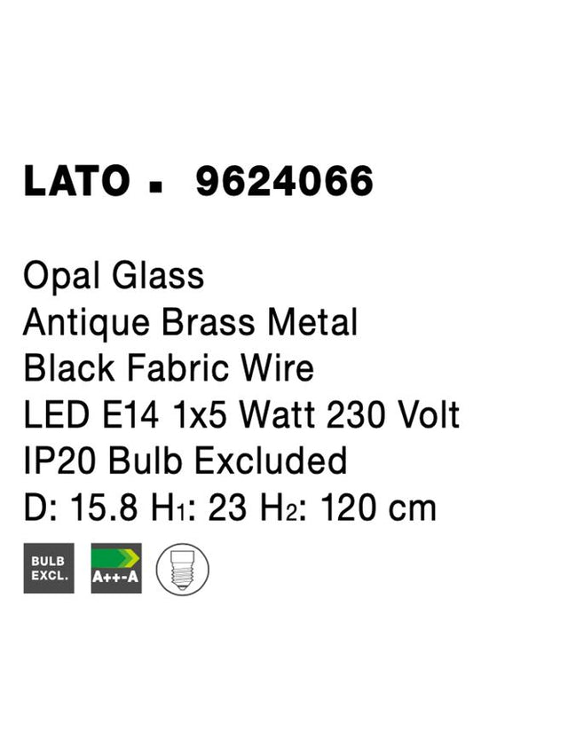 LATO Opal Glass Antique Brass Metal Black Fabric Wire LED E14 1x5 Watt 230 Volt IP20 Bulb Excluded D: 15.8 H1: 23 H2: 120 cm