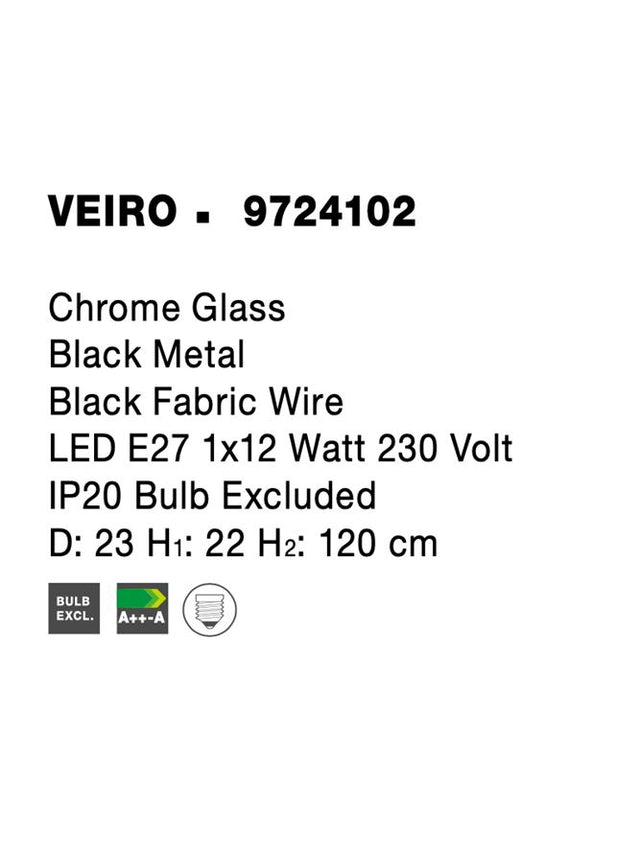 VEIRO Chrome Glass Black Metal Black Fabric Wire LED E27 1x12 Watt 230 Volt IP20 Bulb Excluded D: 23 H1: 22 H2: 120 cm