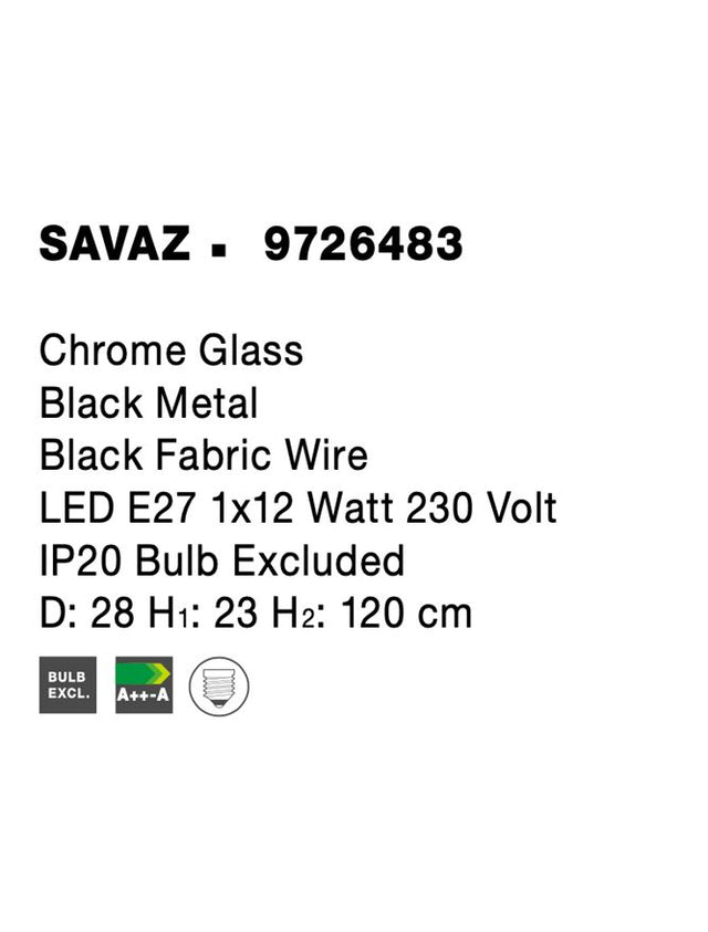 SAVAZ Chrome Glass Black Metal Black Fabric Wire LED E27 1x12 Watt 230 Volt IP20 Bulb Excluded D: 28 H1: 23 H2: 120 cm