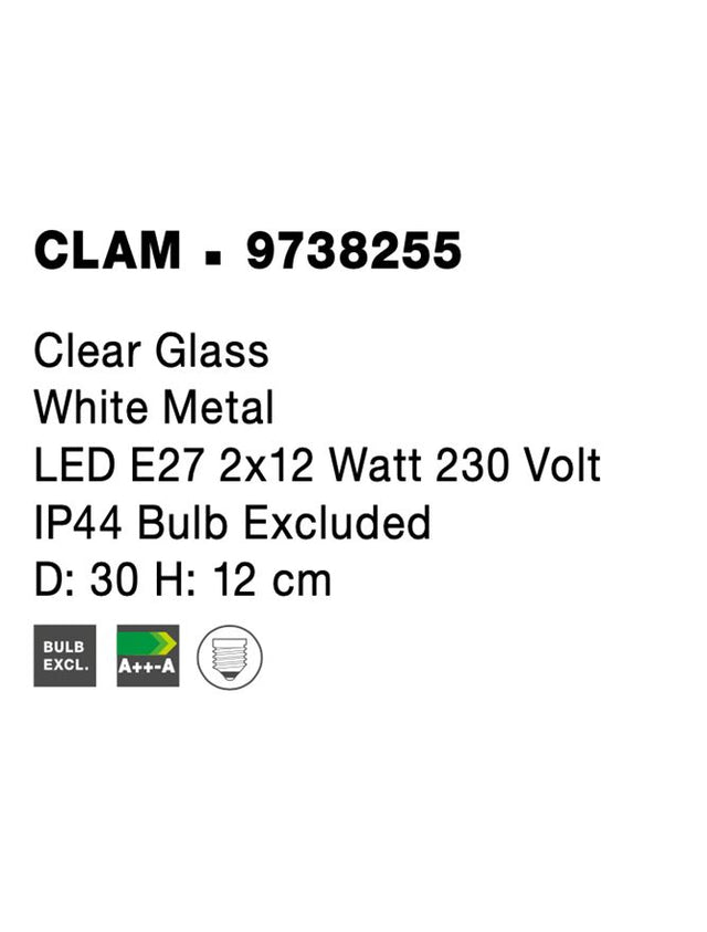 CLAM Clear Glass White Metal LED E27 2x12 Watt 230 Volt IP44 Bulb Excluded D: 30 H: 12 cm