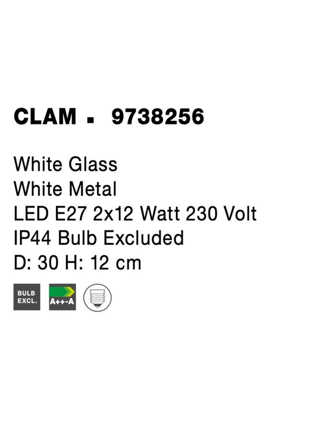 CLAM White Glass White Metal LED E27 2x12 Watt 230 Volt IP44 Bulb Excluded D: 30 H: 12 cm