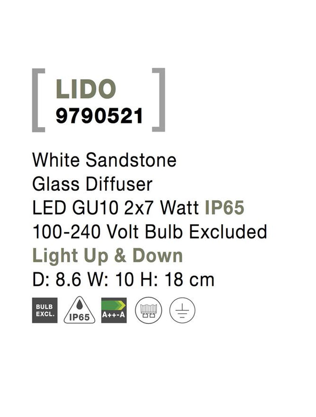 LIDO White Sandstone Glass Diffuser LED GU10 2x7 Watt IP65 100-240 Volt Bulb Excluded
Light Up & Down D: 8.6 W: 10 H: 18 cm