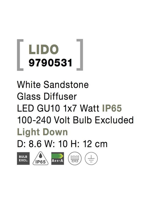 LIDO White Sandstone Glass Diffuser LED GU10 1x7 Watt IP65 100-240 Volt Bulb Excluded
Light Down D: 8.6 W: 10 H: 12 cm