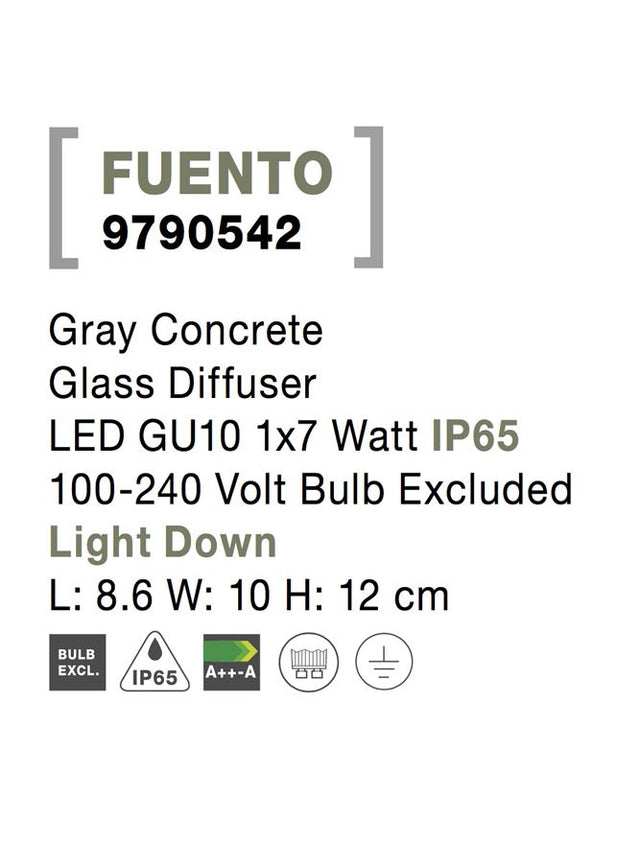 FUENTO Gray Concrete Glass Diffuser LED GU10 1x7 Watt IP65 100-240 Volt Bulb Excluded
Light Down L: 8.6 W: 10 H: 12 cm