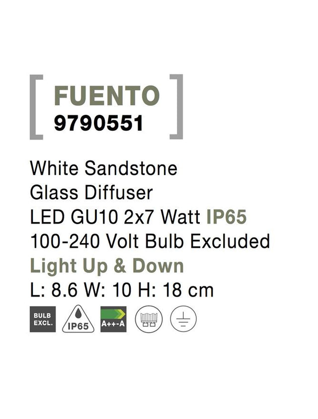 FUENTO White Sandstone Glass Diffuser LED GU10 2x7 Watt IP65 100-240 Volt Bulb Excluded
Light Up & Down L: 8.6 W: 10 H: 18 cm