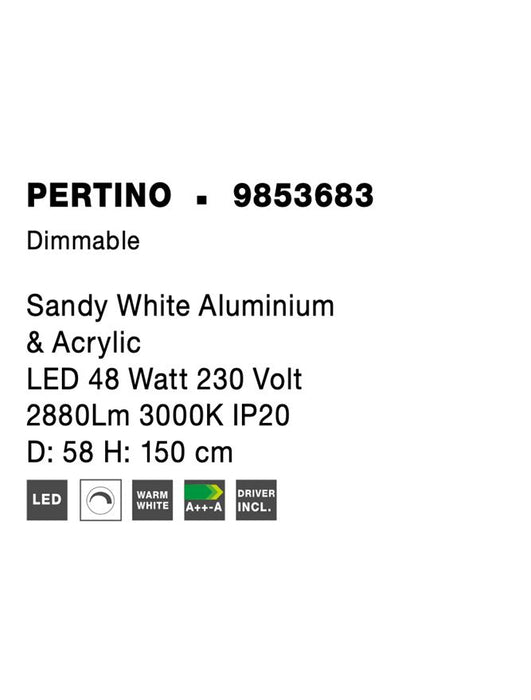 PERTINO Dimmable Sandy White Aluminium & Acrylic LED 48 Watt 230 Volt 2880Lm 3000K IP20 D: 58 H: 150 cm