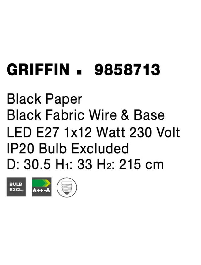 GRIFFIN Black Paper Black Fabric Wire & Base LED E27 1x12 Watt 230 Volt IP20 Bulb Excluded D: 30.5 H1: 33 H2: 215 cm