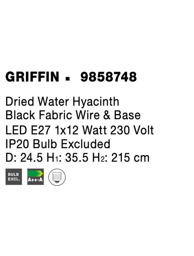 GRIFFIN Dried Water Hyacinth Black Fabric Wire & Base LED E27 1x12 Watt 230 Volt IP20 Bulb Excluded D: 24.5 H1: 35.5 H2: 215 cm