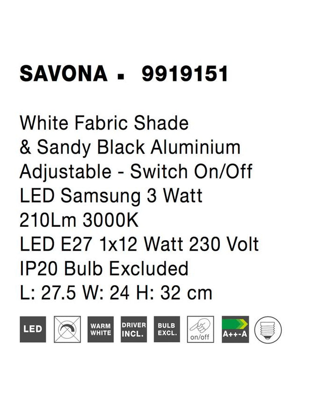 SAVONA White Fabric Shade & Sandy Black Aluminium Adjustable - Switch On/Off LED Samsung 3 Watt 210Lm 3000K LED E27 1x12 Watt 230 Volt IP20 Bulb Excluded L: 27.5 W: 24 H: 32 cm