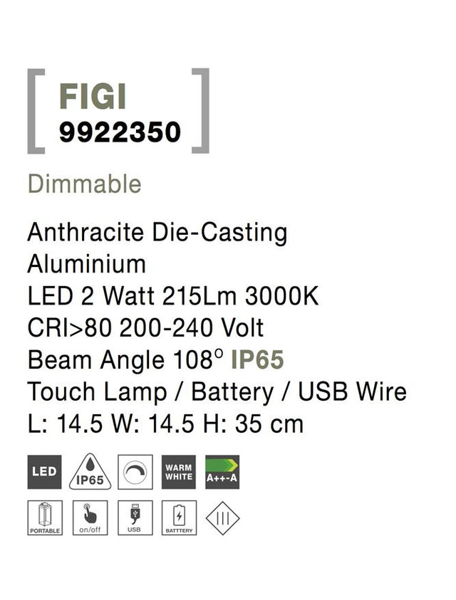 FIGI Anthracite Die-Casting Aluminium LED 2 Watt 215Lm 3000K CRI>80 200-240 Volt Beam Angle 108O IP65 Touch Lamp / Battery / USB Wire L: 14.5 W: 14.5 H: 35 cm