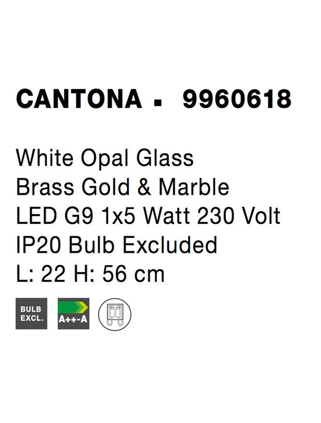 CANTONA White Opal Glass Brass Gold & Marble LED G9 1x5 Watt 230 Volt IP20 Bulb Excluded L: 22 H: 56 cm