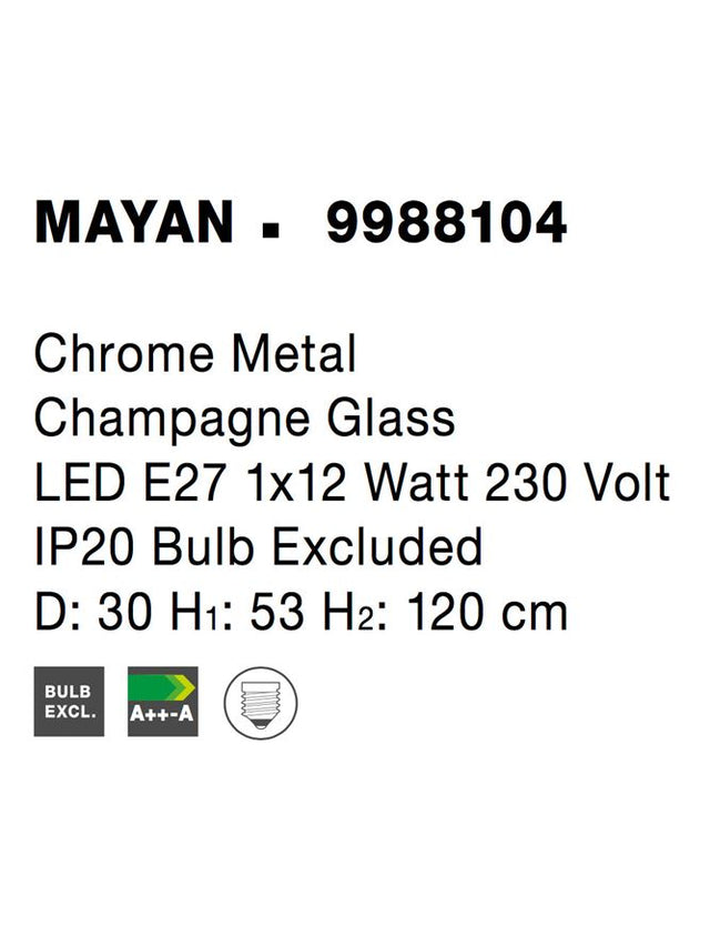 MAYAN Chrome Metal Champagne Glass LED E27 1x12 Watt 230 Volt IP20 Bulb Excluded D: 30 H1: 53 H2: 120 cm