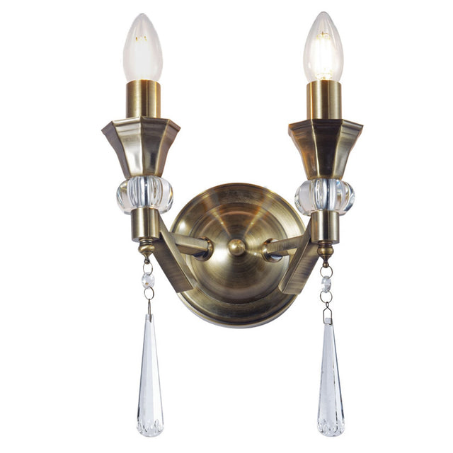 Sophia 2 Light Crystal Wall Light Antique Brass